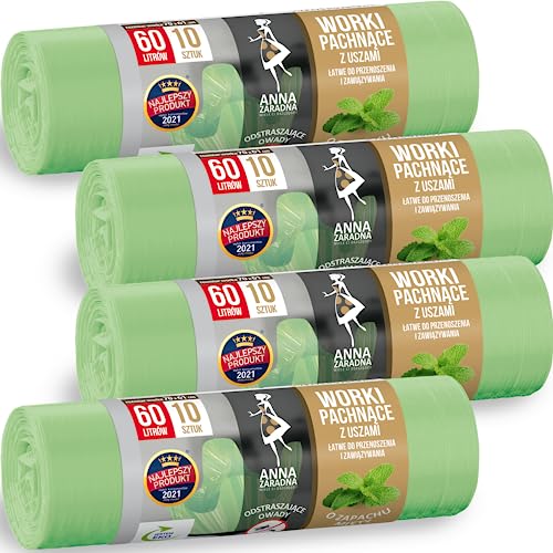 Anna Zaradna Minze Duftende Müllsäcke 60L mit Henkeln Großpackung 40 Stück - 70x61cm 16µm 100% Recycelt EuCertPlast - Henkelverschluss Vielseitig für Haushalt & Garten Lang anhaltend von Anna Zaradna