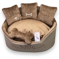 Beige Braunes Hundebett Personalisiertes Designer Haustierbett Katzenbett Nach Maß Veganes Leder von AnnaHappydog