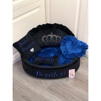 Blaues Und Schwarzes Personalisiertes Hundebett Benutzerdefiniertes Designer Haustierbett Luxus Marineblau Welpe Bett Geschenk Für von AnnaHappydog