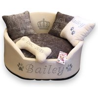 Personalisierte Kunstleder Hundebett Grau & Creme Designer Haustier Bett von AnnaHappydog