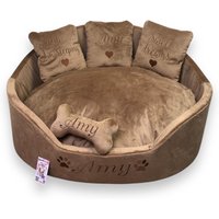 Personalisiertes Braunes Hundebett Designer Haustierbett Hundehaus in Beige Luxusbett Geburtstagshund von AnnaHappydog