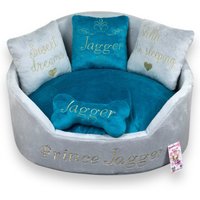 Personalisiertes Hundebett Hellgraues & Blaugrünes Minky Fell, Haustierbett Nach Maß von AnnaHappydog
