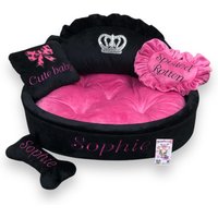 Personalisiertes Schwarz-Rosa Hundebett Krone Strass, Minky Fell von AnnaHappydog