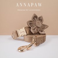 Braunes Personalisiertes Hundehalsband Blume, Dickes Samt-Hundehalsband Hochzeit, Luxus-Hundehalsband Für Kleine Hunde, Graviertes Halsband Mit Namen von AnnaPawCo