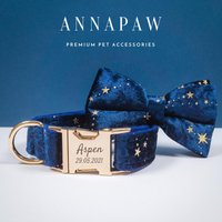 Marineblaues Samt Hundehalsband Mit Schleife, Personalisierte Leine in Mehreren Farben, Welpe Halsband Graviertem Namen Für Hochzeit von AnnaPawCo