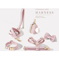 Rosa Hundegeschirr + Leine Halsband Fliege Kotbeutelhalter-Set, Personalisierter Schritt-Im-Geschirr-Fancy-Luxus-Samt Mit Graviertem Namensschild von AnnaPawCo