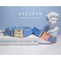 Sky Blue Personalisiertes Hundehalsband-Set, Handgemachtes Dickes Samt-Jungen-Welpen-Halsband Und Leine, Hochzeitshundehalsband Mit Individuell von AnnaPawCo