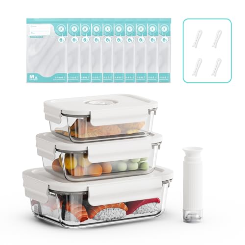Annalocker Vacu One Touch Eco-Set, Handvakuumierer inkl. Vakuum Starterset Vorratsdosen Glas 3er Set, mit deckel Vorratsbehälterset-luftdicht mikrowellengeschirr BPA-frei （L） von Annalocker