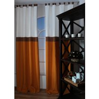 Designer-Farbblock-Leinenvorhang, Flachs Weiß, Braun Und Orange Farben Gestreifte Vorhangplatte, Fensterbehandlungen von AnnasHomeDecorStore