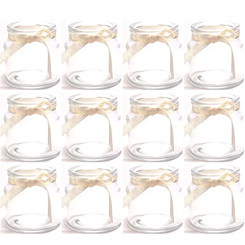 12 x Teelichtgläser H 7 cm - für kleine Teelichter - kleine Windlichter aus Glas für die Tischdeko (12 Stück mit cremefarbenem Band (in Meterware mitgeliefert) von Annastore