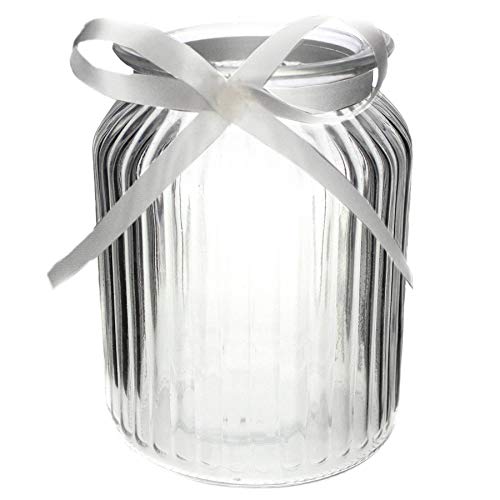 12 x Windlichter aus Glas H 14,5 cm inkl.Dekoband oder Herzen, auch für große Teelichter ideal (12 x Gläser + weißem Dekoband) von Annastore