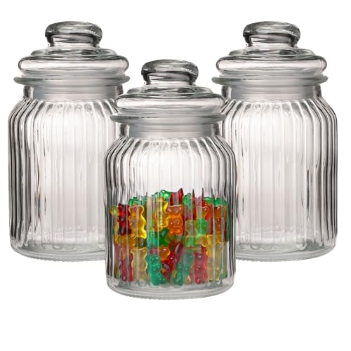 2 x Vorratsglas mit Glasdeckel in geriffelter Form H 18 cm - 900 ml - Bonboniere - Aufbewahrungsgläser - Vorratsglas mit Deckel - Vorratsbehälter aus Glas mit Deckel Größe 2 x (H 18 cm - Ø 10 cm) von Annastore