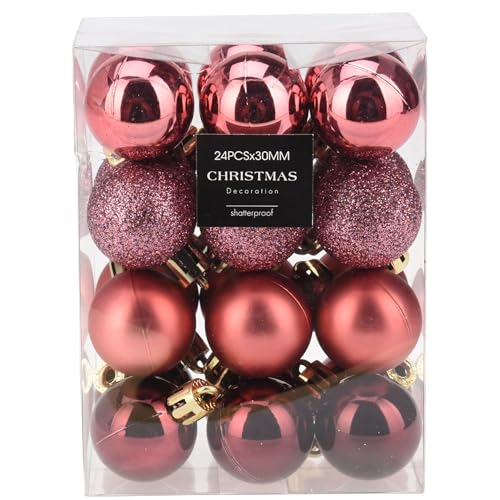 24 x Mini Baumkugeln Ø 3 cm zum Hängen - Bruchsicher -Baumschmuck Kunststoff für Innen und Außen - Kleine Christbaumkugeln (Rosa (Glanz + matt + Glitzer)) von Annastore