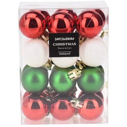 24 x Mini Baumkugeln Ø 3 cm zum Hängen - Bruchsicher -Baumschmuck Kunststoff für Innen und Außen - Kleine Christbaumkugeln (Sortiert (rot + grün + weiß)) von Annastore