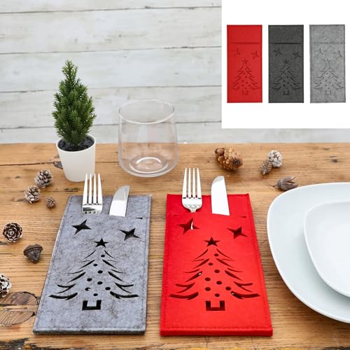 6 x Bestecktaschen aus Filz mit hübschem Tannenbaum-Motiv - 3 Farben sortiert - 24 x 11 cm (H/B) Besteckhalter Weihnachten - Bestecktasche Weihnachten von Annastore