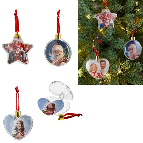 6 x Weihnachtskugeln zum Hängen für eigene Fotos in DREI Formen Ø ca. 9 cm DIY Baumkugeln für eigene Fotos oder Geldgeschenke - Christbaumkugeln für Fotos von Annastore