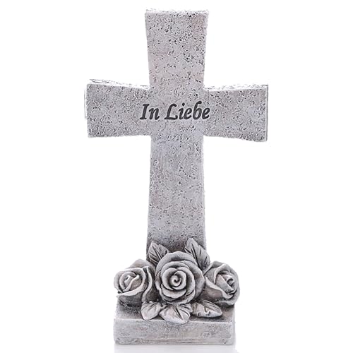 Besinnliche Grabdeko zur Erinnerung, frostfest und witterungsbeständig Grabschmuck - Grabfigur - Friedhof Deko (Kreuz In Liebe H 14 cm) von Annastore
