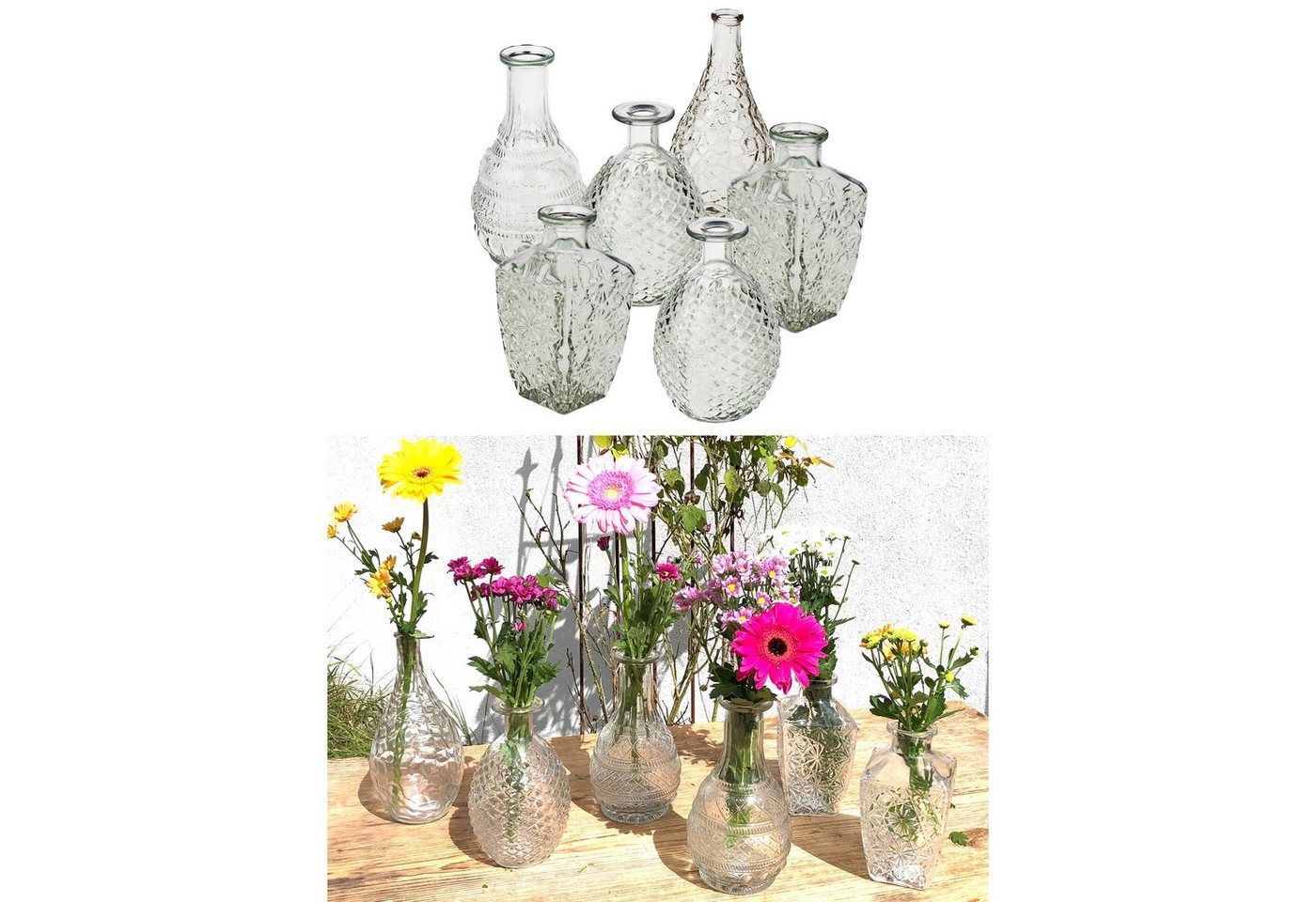 Annastore Dekovase Vasen aus Glas im Vintage Look - Tischvasen Shabby Chic (H 14,8 - 20 cm, 6 St), Blumenvasen, Glasvasen klein, Vasen Tischdeko, Väschen von Annastore