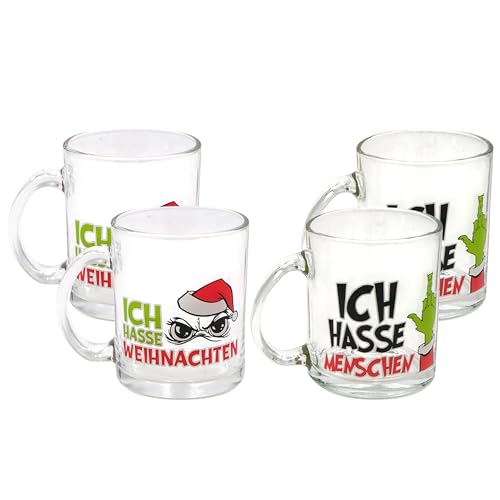 Annastore Witzige Trinkgläser mit Henkel 4er Set – 350 ml – Lustige Anti-Weihnachten Gläser im Festtags-Muffel Design – Spülmaschinenfest & Geschenkidee für Weihnachtsmuffel, Freunde & Familie von Annastore