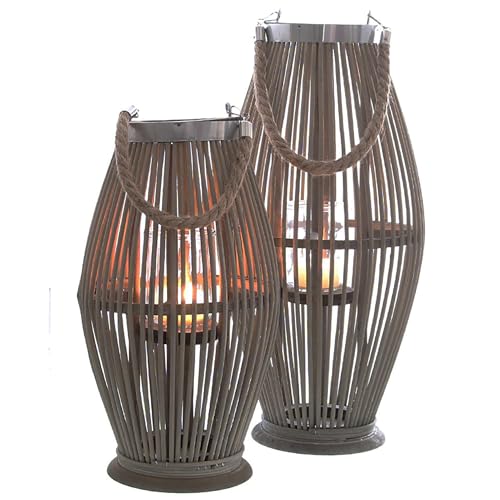 Laterne aus Bambus mit Henkel und Glaszylinder - Bambuslaterne Windlicht aus Bambus Gartenlaterne Größe H 50 cm von Annastore