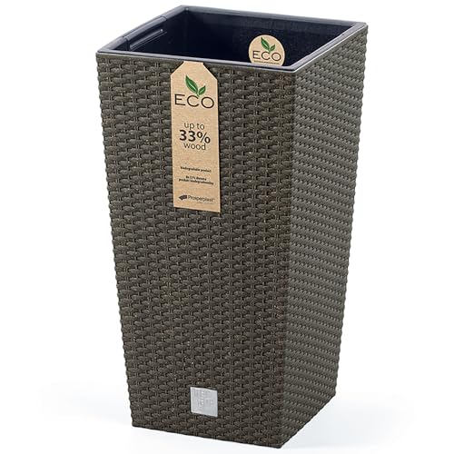 Pflanztopf aus Kunststoff wetterfest H 55 cm inkl. Innentopf - mit 33% Holzanteil - Pflanzkübel - Blumenübertopf wetterfest für Innen und Außen Größe Ø 30 cm/H 55 cm, Farbe eco-Kaffee von Annastore