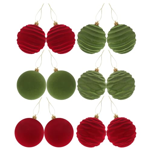 Anneome 12 Stück beflockte Weihnachtskugeln: 8 cm großes Weihnachtskugel-Ornament-Set – Hängende Kugeln, Glühbirnen, rote und grüne Kugelanhänger, Ornamente für den Weihnachtsbaumschmuck von Anneome