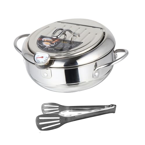 Anneome Edelstahl Tempura Fritteuse mit Thermometer Japanischer Stil Kontrollierbare Temperatur Kompatibel mit Gas Elektro und Induktionsherden Inklusive Edelstahl Lebensmittelzange von Anneome