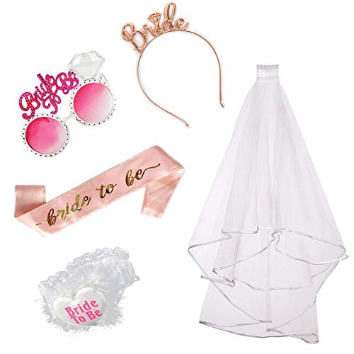 Annhao JGA Deko Set Bride to Be Schärpe und Schleier, Junggesellinnenabschied Frauen Accessoires Weiß Braut Schleier Schärpe Brille Stirnband Tiara, Braut Strumpfband, Zubehör für Bachelorette Party von Annhao