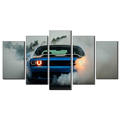 Annick Goutal Blau Dodge Challenger SRT Hellcat Widebody Leinwand ölgemälde Wandkunst 5 Panels Sportwagen Bild Leinwand Kunstwerk Für Wohnkultur (Kein Rahmen,75 x 150 cm) von Annick Goutal