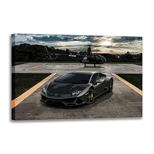 Annick Goutal Moderne Malerei Lamborghini Huracan Schwarzer Supersportwagen Und Hubschrauber Wandkunst Sportwagen Poster Leinwanddruck Für Schlafzimmer Hauptzimmer Dekor (1,30_x_45_cm(ohne Rahmen)) von Annick Goutal