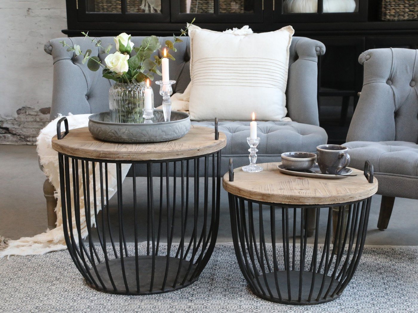 Annimuck Couchtisch Chic Antique Vintage Sofatisch Set antik schwarz massive Holzplatte (2-St) von Annimuck