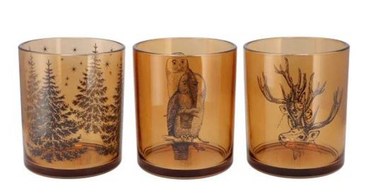 Annimuck Teelichthalter 3x Teelichthalter Jolly in braun Hirsch Eule Tannen 7x8 cm Glas (3 St) von Annimuck