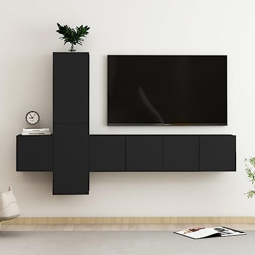 Annlera 5-TLG. TV-Schrank-Set Schwarz Holzwerkstoff Tv Cabinet Hängekommode Wohnwand Holz Tv Lowboard Holz Tv Unterschrank Wohnzimmer Möbel Schlafzimmer Möbel Wohnwand Hängend Wohnwand Modern von Annlera