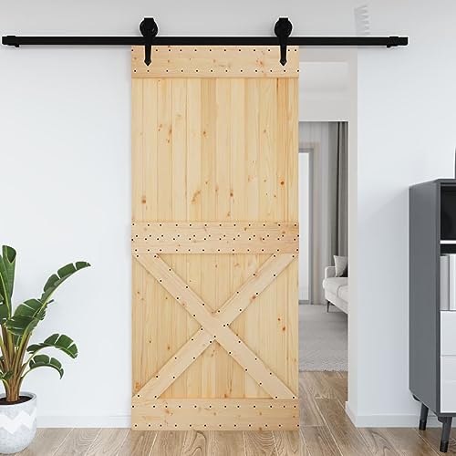 Annlera Schiebetür Innentür Scheunentür Eingangsmöbel Holzschiebetür Tür aus Massives Kiefernholz für Schlafzimmer Küchen Scheunen Garagen Usw Platzsparendes Design Braun+Schwarz 100x3,6x210 cm von Annlera