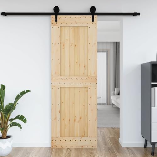 Annlera Schiebetür Innentür Scheunentür Holzschiebetür Eingangsmöbel Tür aus Massives Kiefernholz für Schlafzimmer Küchen Scheunen Garagen Usw Platzsparendes Design Braun+Schwarz 80x3,6x210 cm von Annlera
