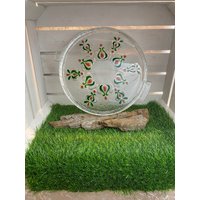 Alte Kuchenplatte Aus Glas, Walther Gefrostetes Design, Rot/Grün Muster, 70Er/80Er Jahre von AnnodazumalShop