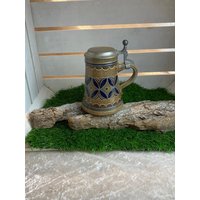 Vintage Bierkrug, Handarbeit Mit Salzglasur, Zinndeckel, Bayerisch Braun Blau, Tolles Muster von AnnodazumalShop