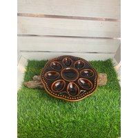 Vintage Braune Eierplatte Aus Keramik, Für Gefüllte Eier, Ostern, 8 Eier Und Dip, Eierteller, 70Er Jahre, Retro von AnnodazumalShop