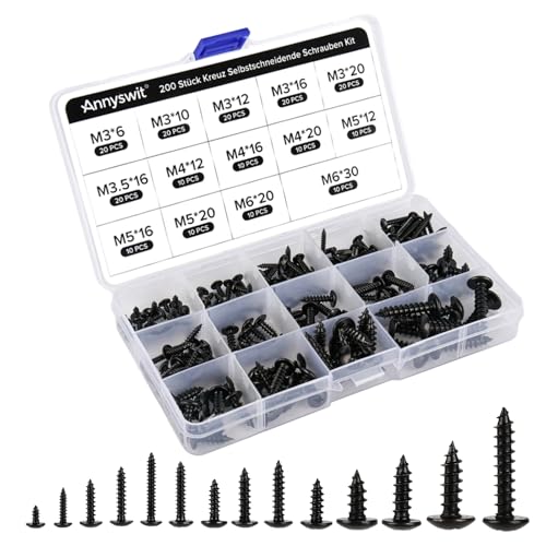 Annyswit 200 Stück Schwarz Kreuz Blechschrauben Sortiment, M3 M3.5 M4 M5 M6 Kleine Selbstschneidende Schraubenset, Kohlenstoffstahl Screws, Blechschrauben Selbstschneidend für Hausgemachte Reparatur Annyswit 200 Stück Schwarz Kreuz Blechschrauben Sortiment, M3 M3.5 M4 M5 M6 Kleine Selbstschneidende Schraubenset, Kohlenstoffstahl Screws, Blechschrauben Selbstschneidend für Hausgemachte Reparatur von Annyswit
