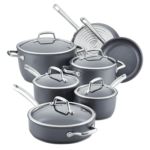 Anolon 81133 Accolade harteloxiertes Präzisions-Schmiede-Kochgeschirr-Set mit Glasdeckeln, 12-teiliges Topf- und Pfannenset, Moonstone von Anolon