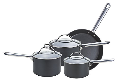 Anolon Professional Premium Harteloxiertes Aluminium Antihaft-Kochtopf Und Bratpfanne mit Deckel 4-Teiliges Set, Schwarz von Anolon