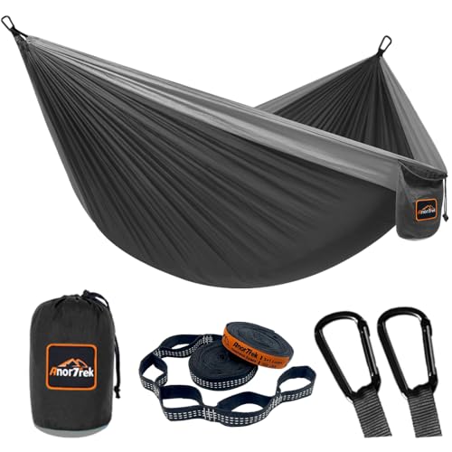 AnorTrek Camping Hängematte, superleichte tragbare Fallschirm Hängematte mit Zwei Baumgurten Einzel oder Doppel Nylon Reisebaum Hängematten Schwarz&grau von AnorTrek