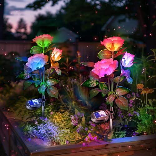 Anordsem 2 X Solarlampe für Garten Farbwechsel Rosenlichter LED Solarleuchten Garten Edelstahl Stecker Wasserdicht für Garten, Balkon und Terrasse Dekoration (Rosa) von Anordsem