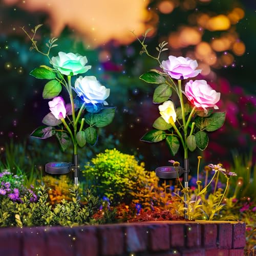 Anordsem 2 X Solarleuchten Außen Garten Farbwechsel LED Rose Lichter Edelstahl Stecker Solarlampe Wasserdicht für Gartenterrasse Hinterhof Pathway Einfahrt Dekoration (Weiß) von Anordsem