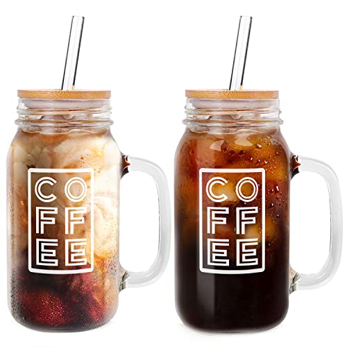 ANOTION Mason Jar Eiskaffeetasse mit Deckel und Strohhalm, 680 ml, normale Öffnung, Einmachgläser mit Griff, Glas-Kaffeetrinkgläser, Becher, wiederverwendbare Becher, Flaschen für Eiskaffeetassen für von ANOTION