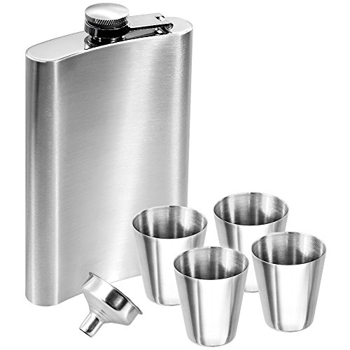 Anpro Flachmann Edelstahl Set und Trichter Set + 4 Schnapsglas, 10 oz. 285ml, silbrig, MEHRWEG von Anpro