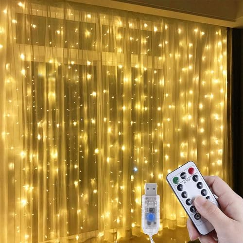 Anpro LED USB Lichtervorhang 3m x 3m, 300 LEDs USB Lichterkettenvorhang mit 8 Lichtmodelle für Partydekoration deko schlafzimmer, Innenbeleuchtung, Warmweiß von Anpro