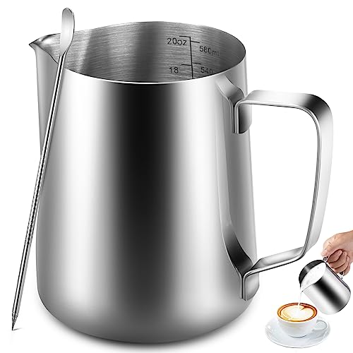 Anpro Milchkännchen, 600ml Milk Pitcher Milchkanne aus Edelstahl, perfekt für Cappuccino, Milchaufschäumer, Silber, MEHRWEG von Anpro