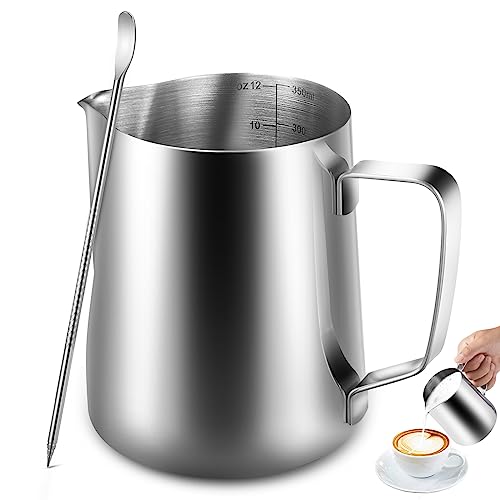 Anpro Milchkännchen, Milk Pitcher 350ml 12 fl.oz. Milchkanne aus Edelstahl, Milch Aufschäumen für Cappuccino und Latté, Silber (9 × 7.5CM) von Anpro