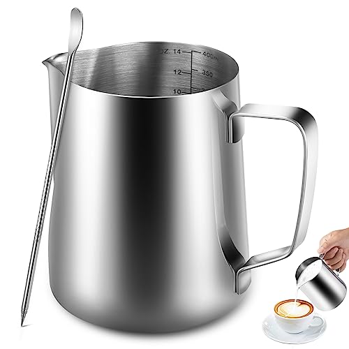 Anpro Milchkännchen 400ml / 14 fl.oz. Milk Pitcher Milchkanne aus Edelstahl, ideal für Cappuccino, Milchaufschäumer, Silber, MEHRWEG von Anpro